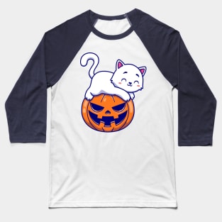 Cute Cat Laying On Pumpkin Halloween Cartoon Baseball T-Shirt